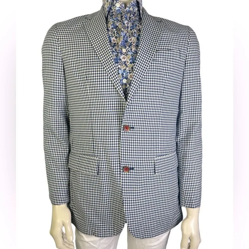 Robert Graham Casual 2 Button Navy/Cream Gingham Classic Fit Blazer Like New 36